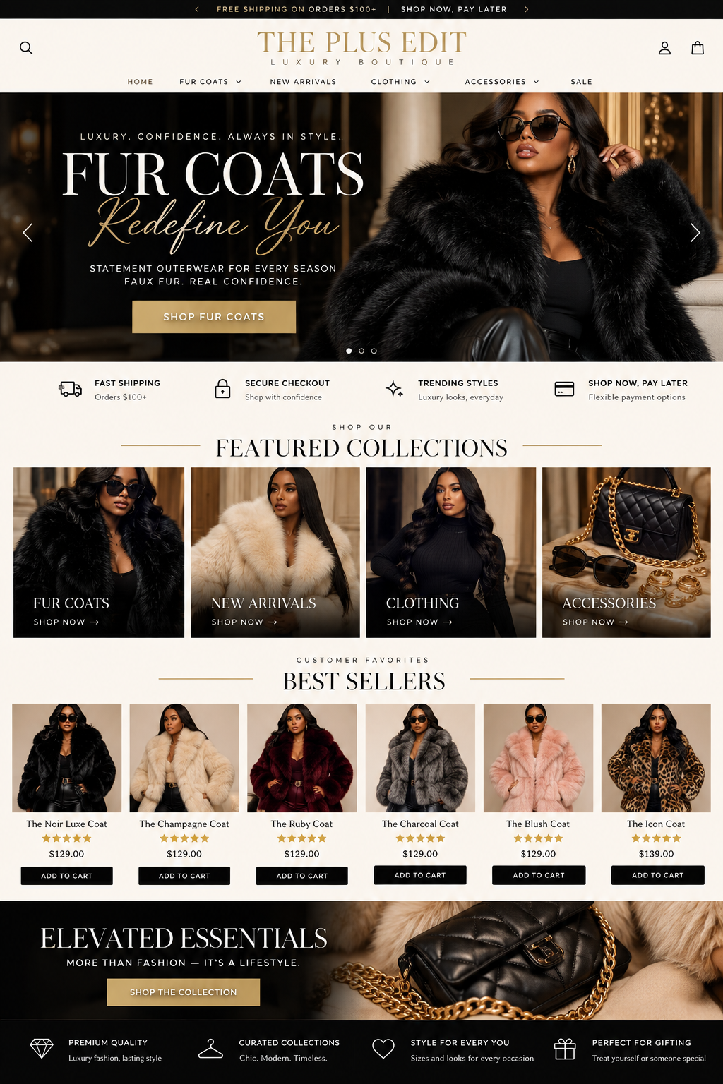 Luxury faux-fur fashion hero and boutique storefront concept for The Plus Edit